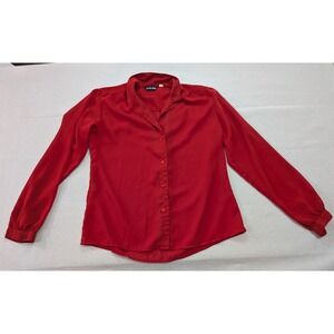 Paula Saker Blouse Women 12 Red Georgette Button Up Long Sleeve Classic